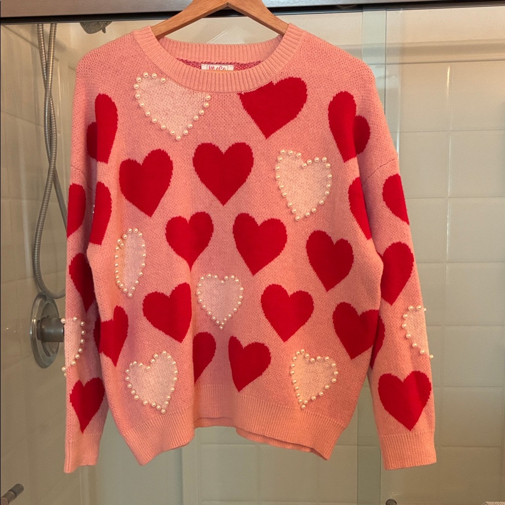 Moco Pink Heart Pearl-Embellished Sweater - Women size M